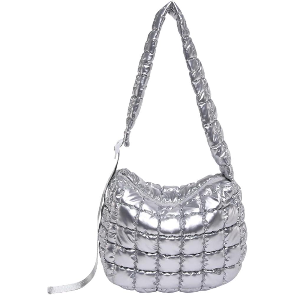 image:imageI IHAYNER Puffer Tote Bag for Women Lightweight Quilted Padding Hobo Bag Large Soft Puffy Crossbody Shoulder Bag Purse Silver
