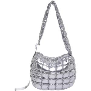 I IHAYNER Puffer Tote Bag for Women Lightweight Quilted Padding Hobo Bag Large Soft Puffy Crossbody Shoulder Bag Purse Silver