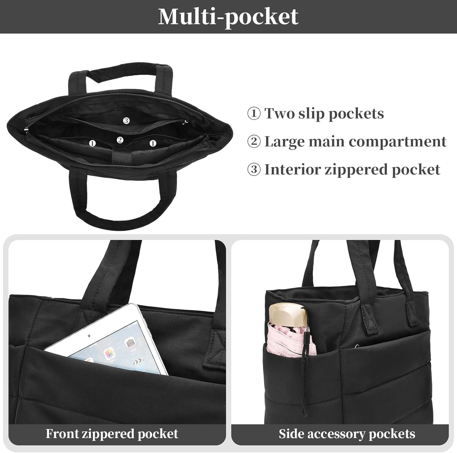 image:imageI IHAYNER Tote Bag for Women Lightweight Puffy Shoulder Bag with Compartments Stylish Quilted Tote Bag for Work Travel Ivory