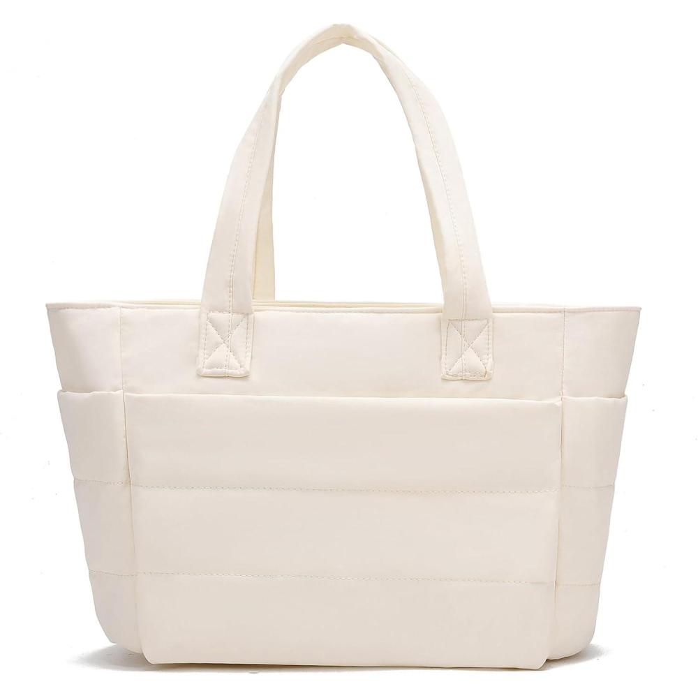 image:imageI IHAYNER Tote Bag for Women Lightweight Puffy Shoulder Bag with Compartments Stylish Quilted Tote Bag for Work Travel Ivory