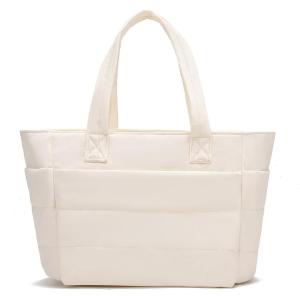 I IHAYNER Tote Bag for Women Lightweight Puffy Shoulder Bag with Compartments Stylish Quilted Tote Bag for Work Travel Ivory