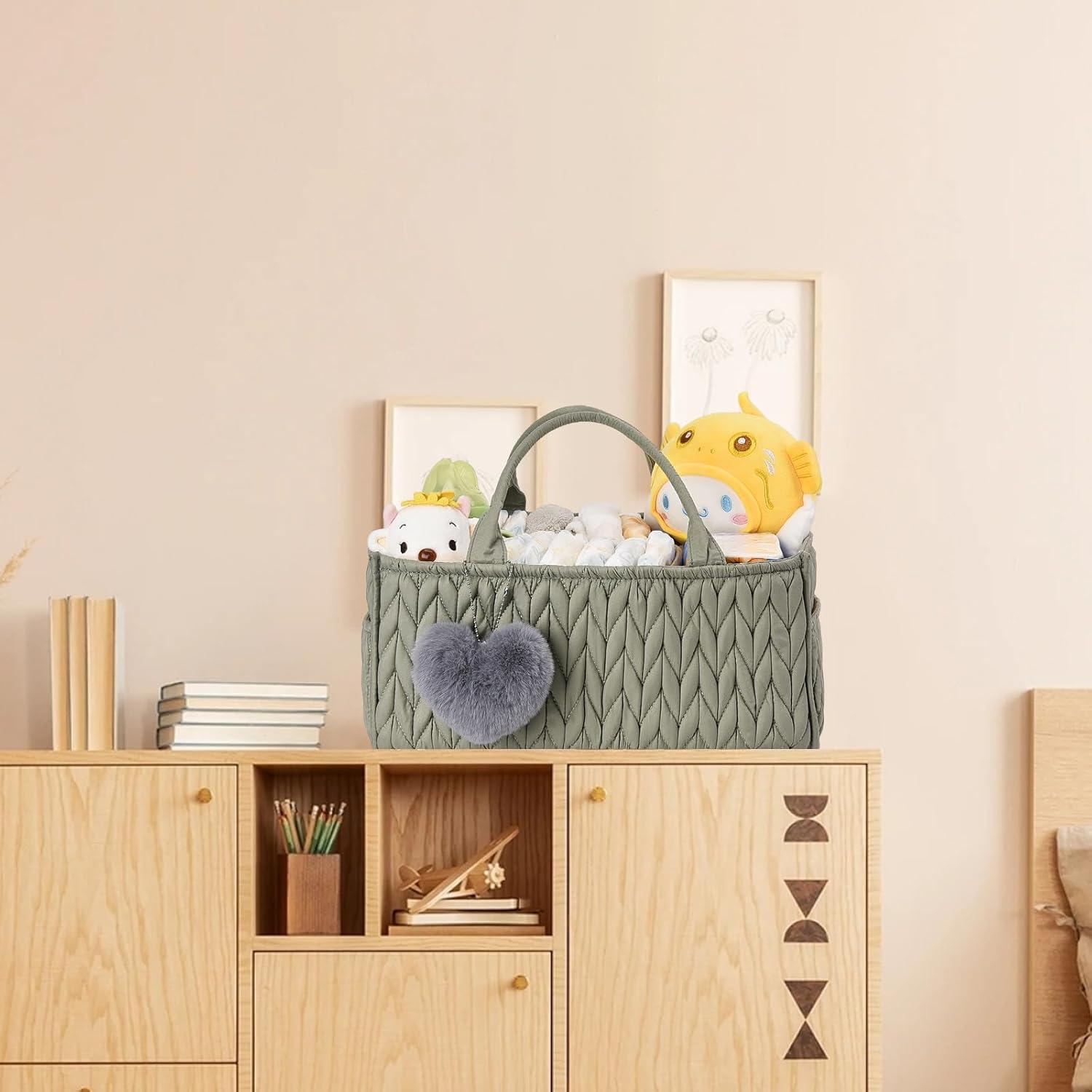 image:imageI IHAYNER Baby Diaper Caddy Cotton Rope Nursery Storage Bin and Car Organizer for Diapers and Wipes with Cute PomPom Beige