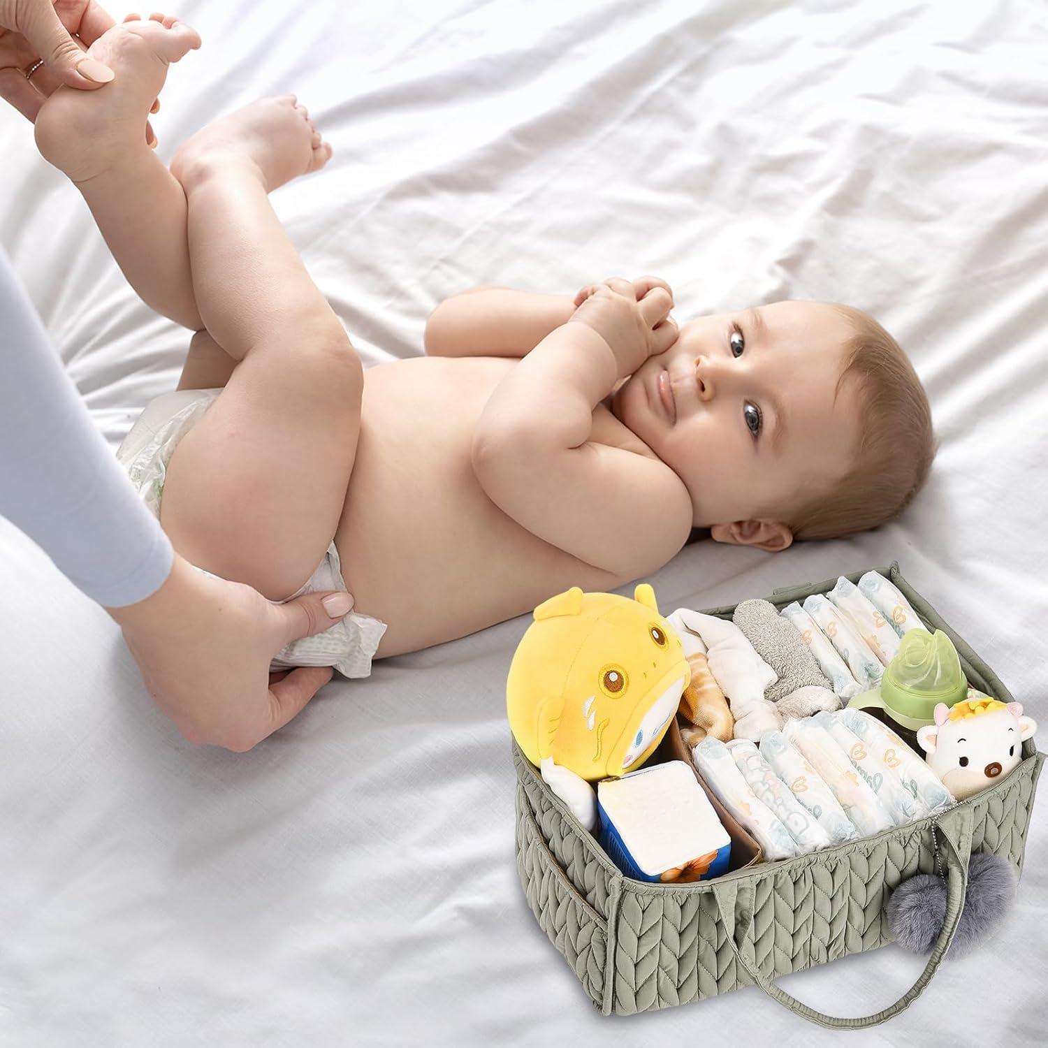 image:imageI IHAYNER Baby Diaper Caddy Cotton Rope Nursery Storage Bin and Car Organizer for Diapers and Wipes with Cute PomPom Black