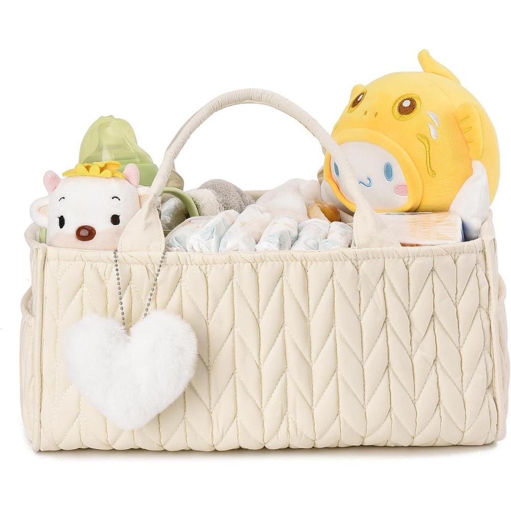 image:imageI IHAYNER Baby Diaper Caddy Cotton Rope Nursery Storage Bin and Car Organizer for Diapers and Wipes with Cute PomPom Beige