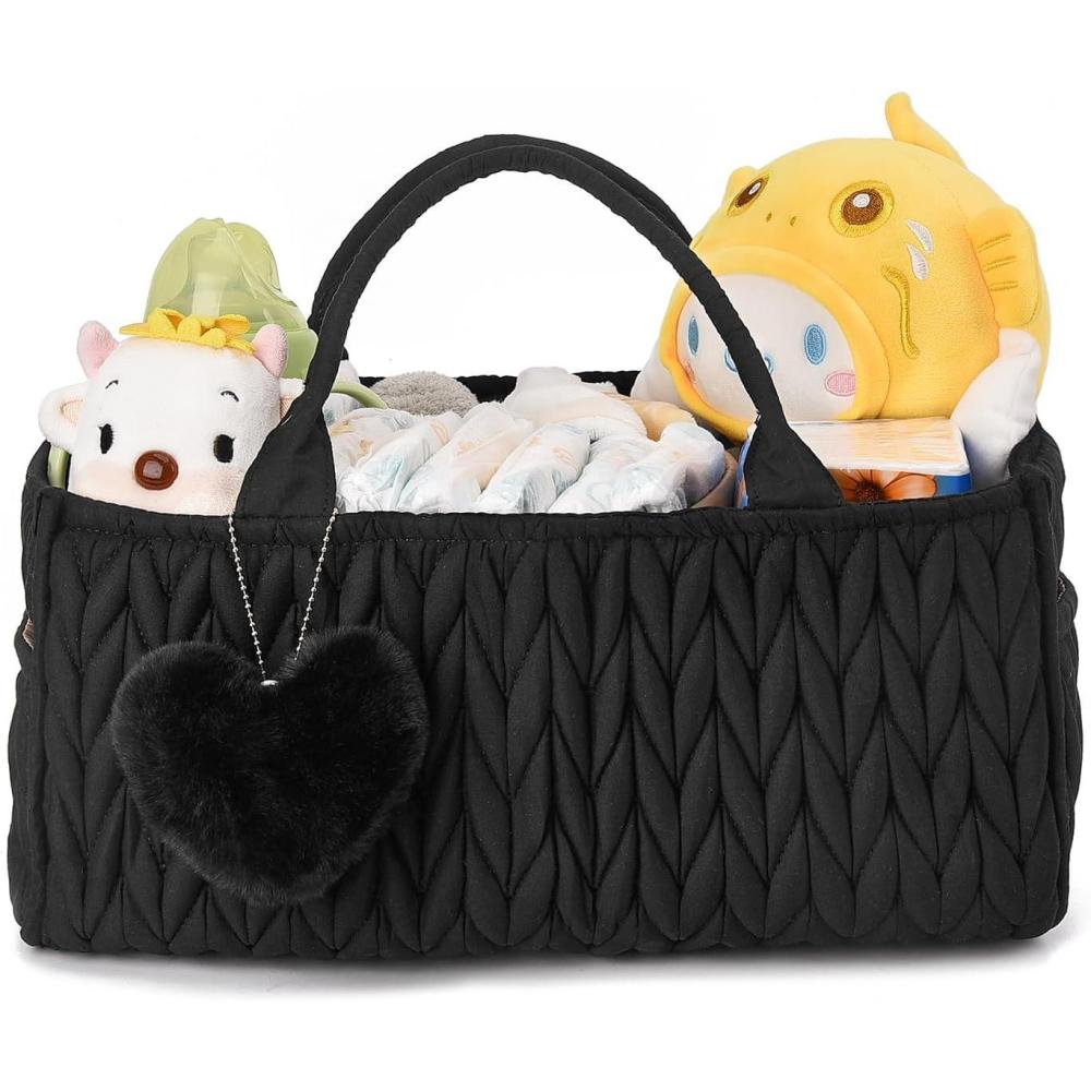 image:imageI IHAYNER Baby Diaper Caddy Cotton Rope Nursery Storage Bin and Car Organizer for Diapers and Wipes with Cute PomPom Black