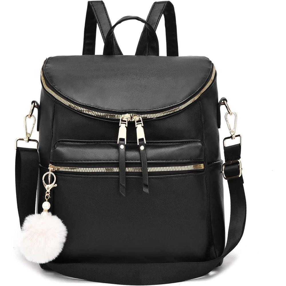 image:imageI IHAYNER Women Backpack Purse Fashion Leather Large Designer Travel Bag Ladies Shoulder Bags with Pompom Backpack for College Work Black