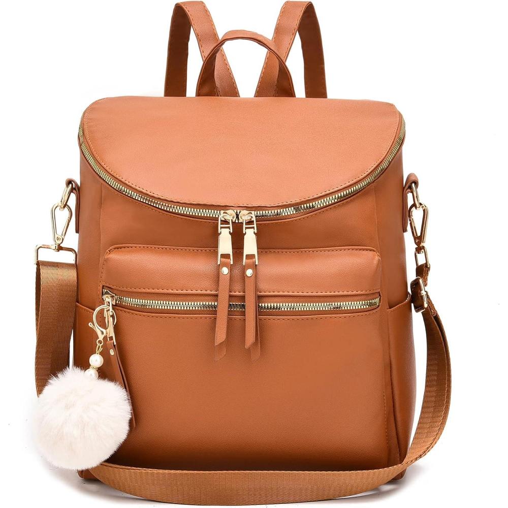 image:imageI IHAYNER Women Backpack Purse Fashion Leather Large Designer Travel Bag Ladies Shoulder Bags with Pompom Backpack for College Work Brown