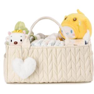 I IHAYNER Baby Diaper Caddy Cotton Rope Nursery Storage Bin and Car Organizer for Diapers and Wipes with Cute Pom-Pom Beige