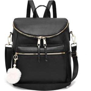 I IHAYNER Women Backpack Purse Fashion Leather Large Designer Travel Bag Ladies Shoulder Bags with Pompom Backpack for College Work, Black